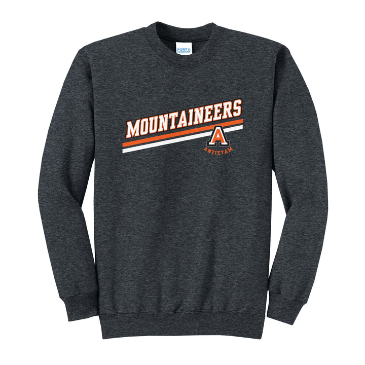 Antietam Mountaineers Slanted Stripe crewneck sweatshirt in Dark Heather Grey: bold MOUNTAINEERS lettering over a slanted double stripe, with the Antietam A badge