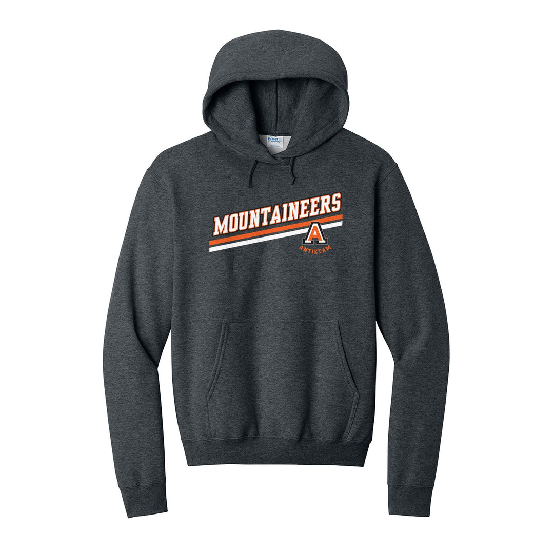 Antietam Mountaineers Slanted Stripe hoodie in Dark Heather Grey: bold MOUNTAINEERS lettering over a slanted double stripe, with the Antietam A badge