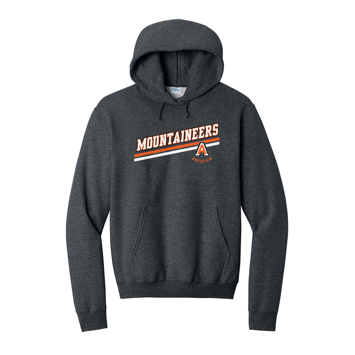Antietam Mountaineers Slanted Stripe hoodie in Dark Heather Grey: bold MOUNTAINEERS lettering over a slanted double stripe, with the Antietam A badge