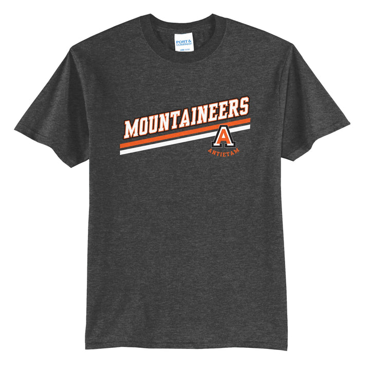 Antietam Mountaineers Slanted Stripe t-shirt in Dark Heather Grey: bold MOUNTAINEERS lettering over a slanted double stripe, with the Antietam A badge