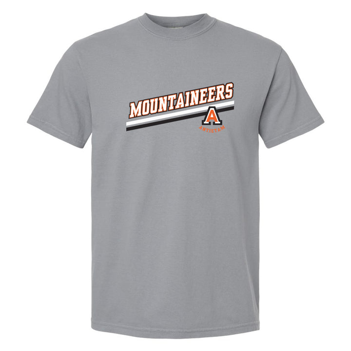 Antietam Mountaineers Slanted Stripe comfort colors t-shirt in Granite: bold MOUNTAINEERS lettering over a slanted double stripe, with the Antietam A badge