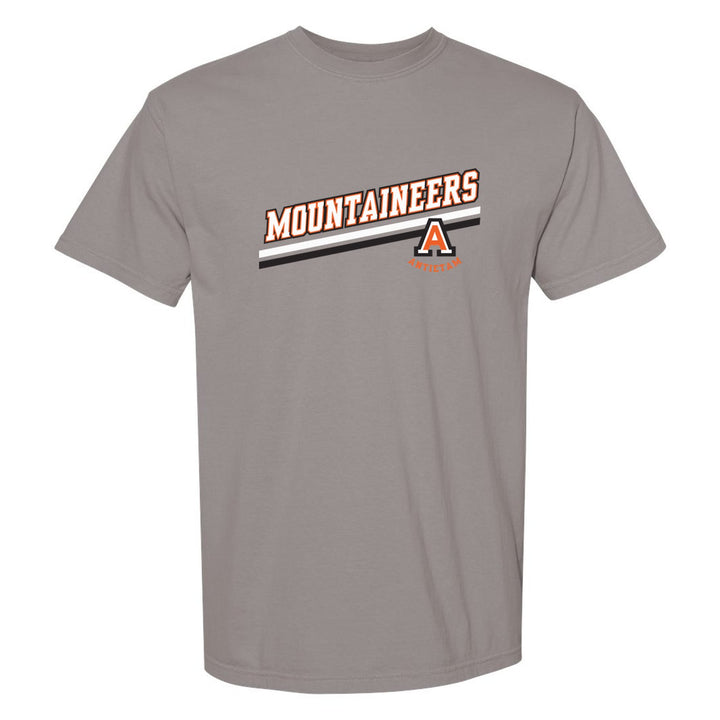 Antietam Mountaineers Slanted Stripe comfort colors t-shirt in Grey: bold MOUNTAINEERS lettering over a slanted double stripe, with the Antietam A badge