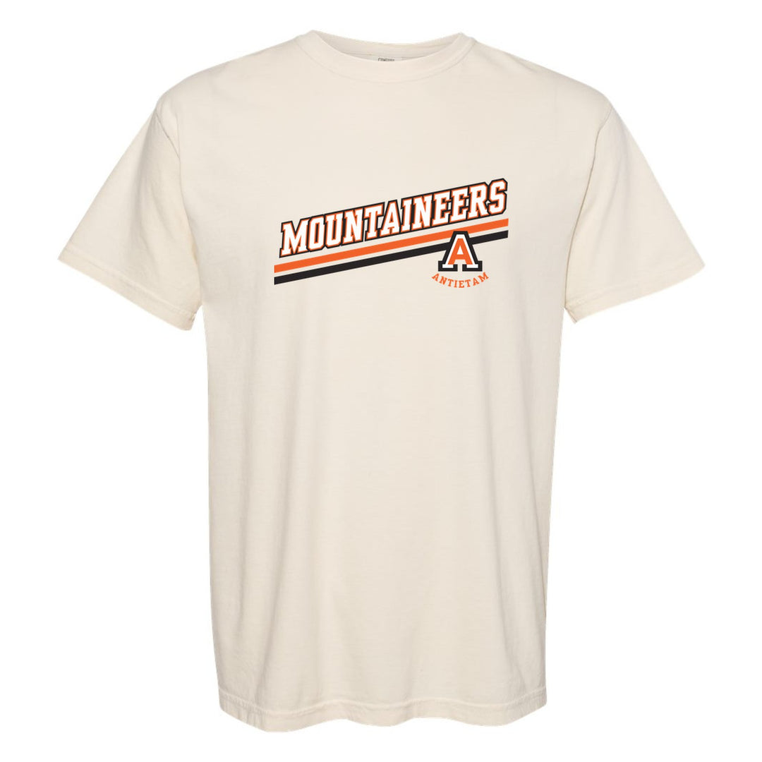 Antietam Mountaineers Slanted Stripe comfort colors t-shirt in Ivory: bold MOUNTAINEERS lettering over a slanted double stripe, with the Antietam A badge