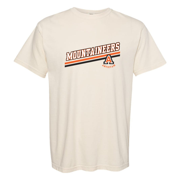 Antietam Mountaineers Slanted Stripe comfort colors t-shirt in Ivory: bold MOUNTAINEERS lettering over a slanted double stripe, with the Antietam A badge