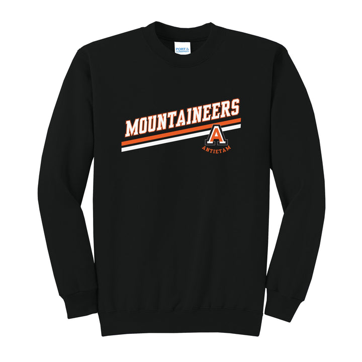 Antietam Mountaineers Slanted Stripe crewneck sweatshirt in Jet Black: bold MOUNTAINEERS lettering over a slanted double stripe, with the Antietam A badge