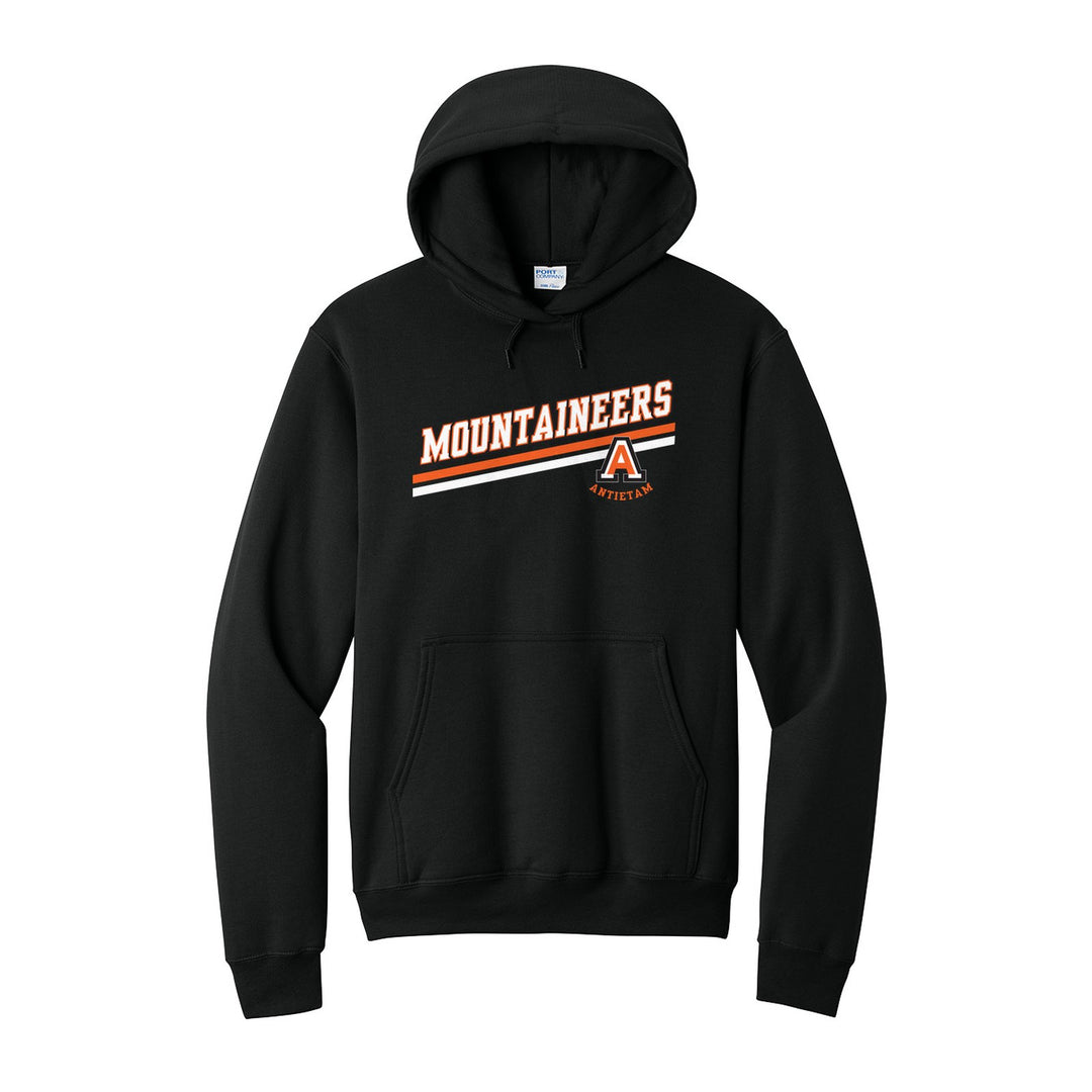 Antietam Mountaineers Slanted Stripe hoodie in Jet Black: bold MOUNTAINEERS lettering over a slanted double stripe, with the Antietam A badge