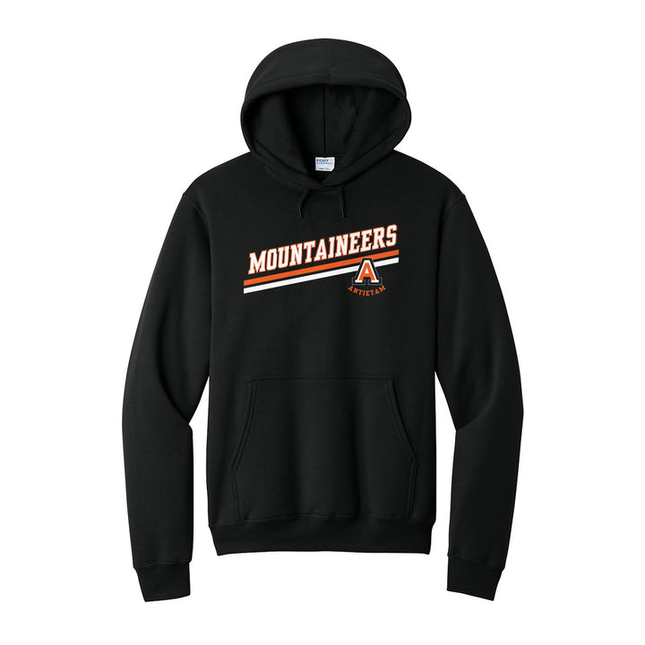Antietam Mountaineers Slanted Stripe hoodie in Jet Black: bold MOUNTAINEERS lettering over a slanted double stripe, with the Antietam A badge