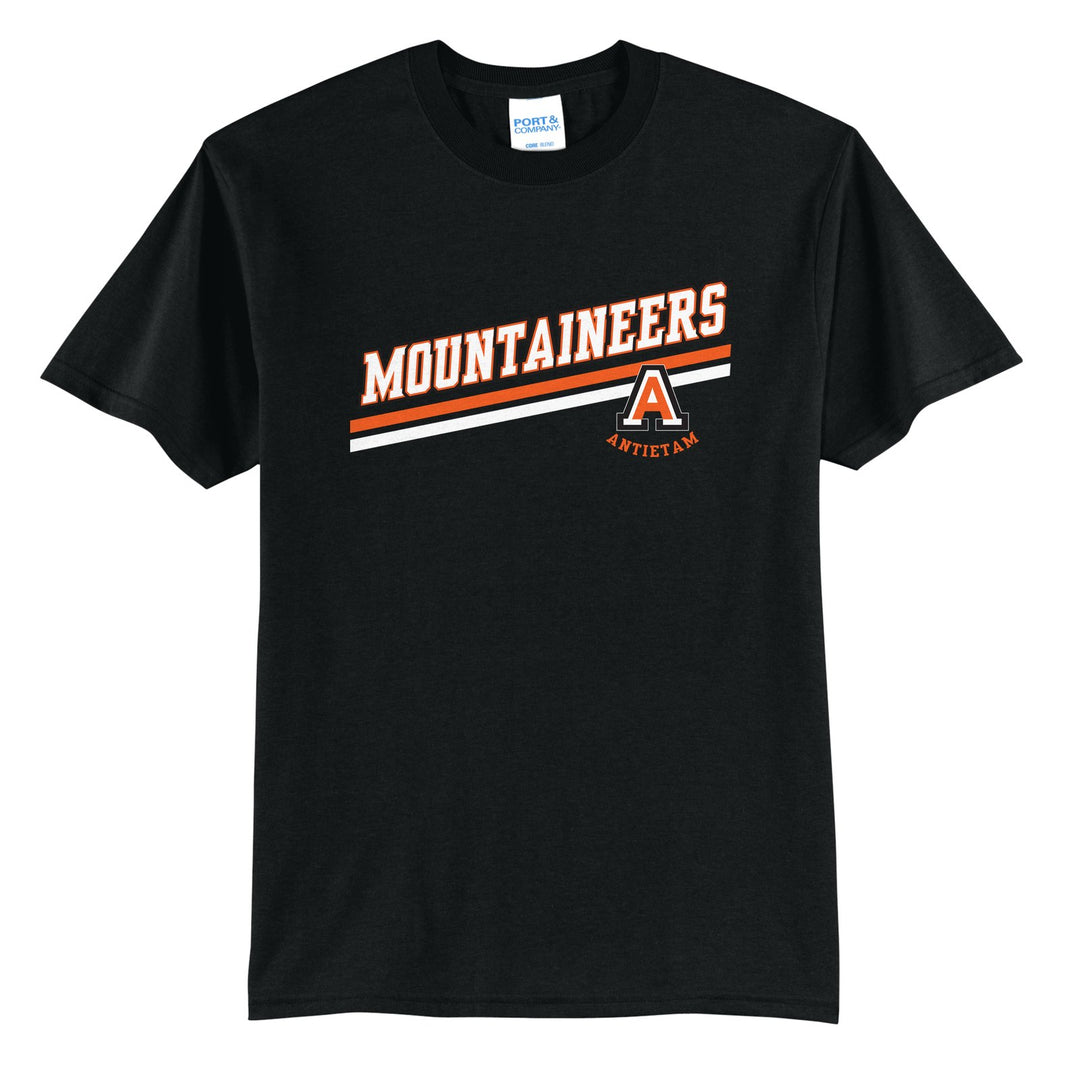 Antietam Mountaineers Slanted Stripe t-shirt in Jet Black: bold MOUNTAINEERS lettering over a slanted double stripe, with the Antietam A badge