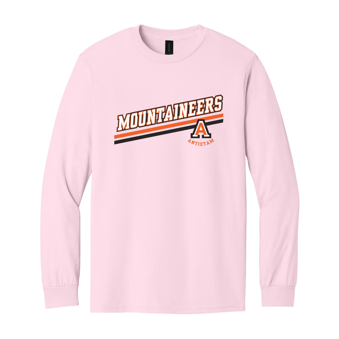 Antietam Mountaineers Slanted Stripe long sleeve t-shirt in Light Pink: bold MOUNTAINEERS lettering over a slanted double stripe, with the Antietam A badge