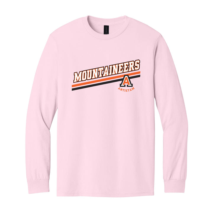 Antietam Mountaineers Slanted Stripe long sleeve t-shirt in Light Pink: bold MOUNTAINEERS lettering over a slanted double stripe, with the Antietam A badge