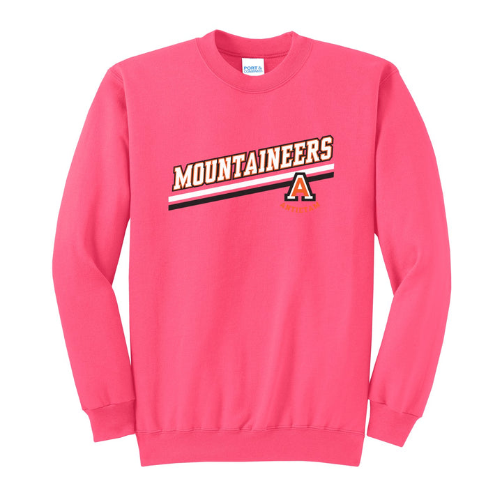 Antietam Mountaineers Slanted Stripe crewneck sweatshirt in Neon Pink: bold MOUNTAINEERS lettering over a slanted double stripe, with the Antietam A badge