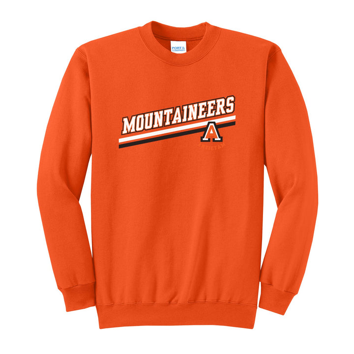 Antietam Mountaineers Slanted Stripe crewneck sweatshirt in Orange: bold MOUNTAINEERS lettering over a slanted double stripe, with the Antietam A badge