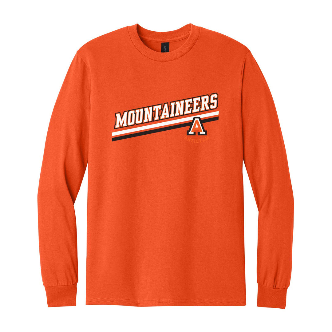 Antietam Mountaineers Slanted Stripe long sleeve t-shirt in Orange: bold MOUNTAINEERS lettering over a slanted double stripe, with the Antietam A badge