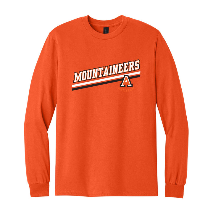 Antietam Mountaineers Slanted Stripe long sleeve t-shirt in Orange: bold MOUNTAINEERS lettering over a slanted double stripe, with the Antietam A badge