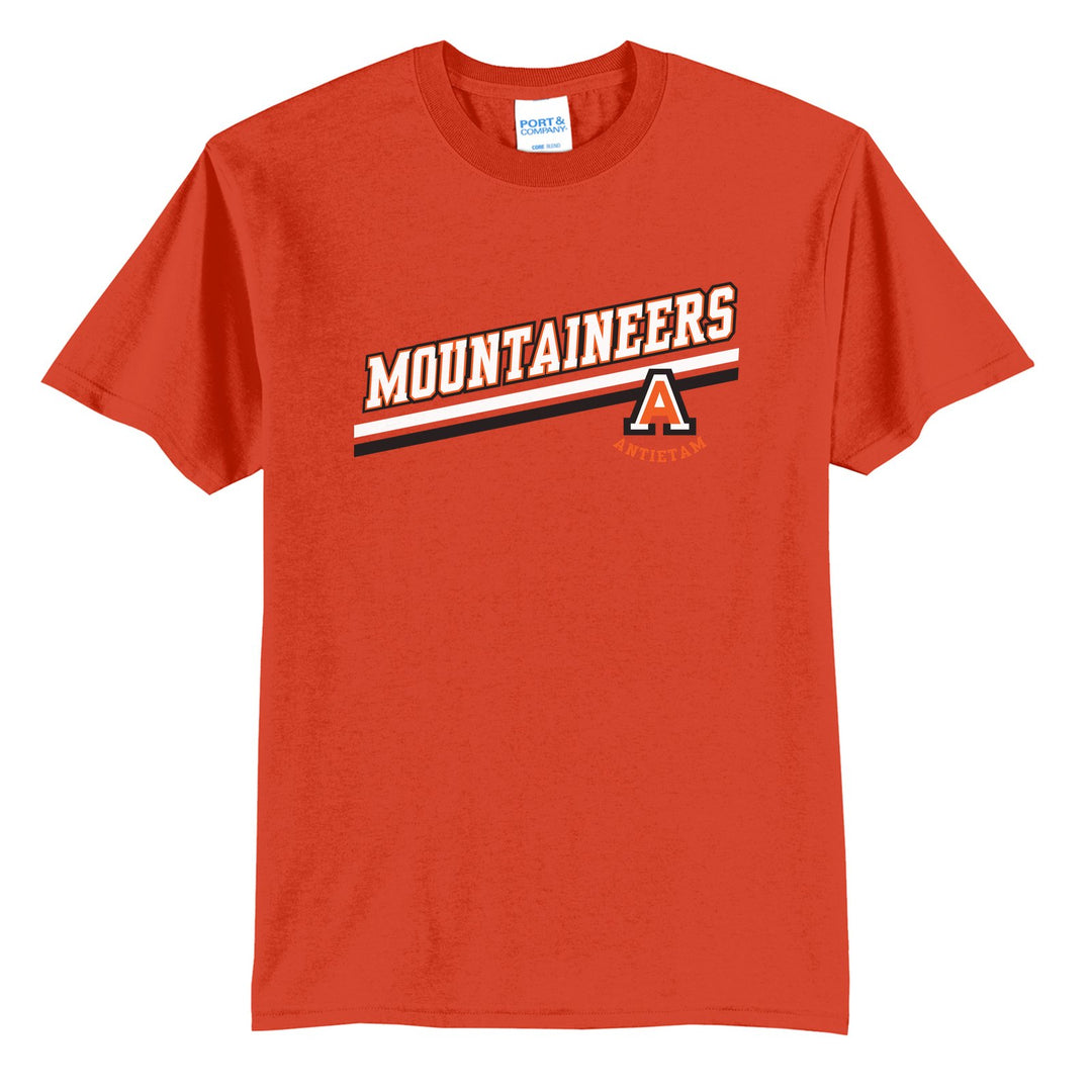 Antietam Mountaineers Slanted Stripe t-shirt in Orange: bold MOUNTAINEERS lettering over a slanted double stripe, with the Antietam A badge