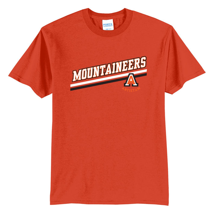 Antietam Mountaineers Slanted Stripe t-shirt in Orange: bold MOUNTAINEERS lettering over a slanted double stripe, with the Antietam A badge