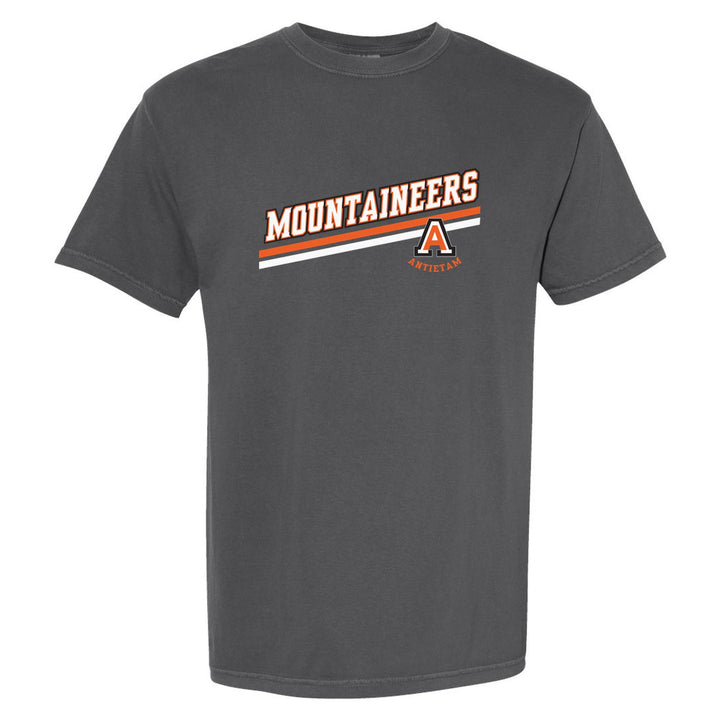 Antietam Mountaineers Slanted Stripe comfort colors t-shirt in Pepper: bold MOUNTAINEERS lettering over a slanted double stripe, with the Antietam A badge