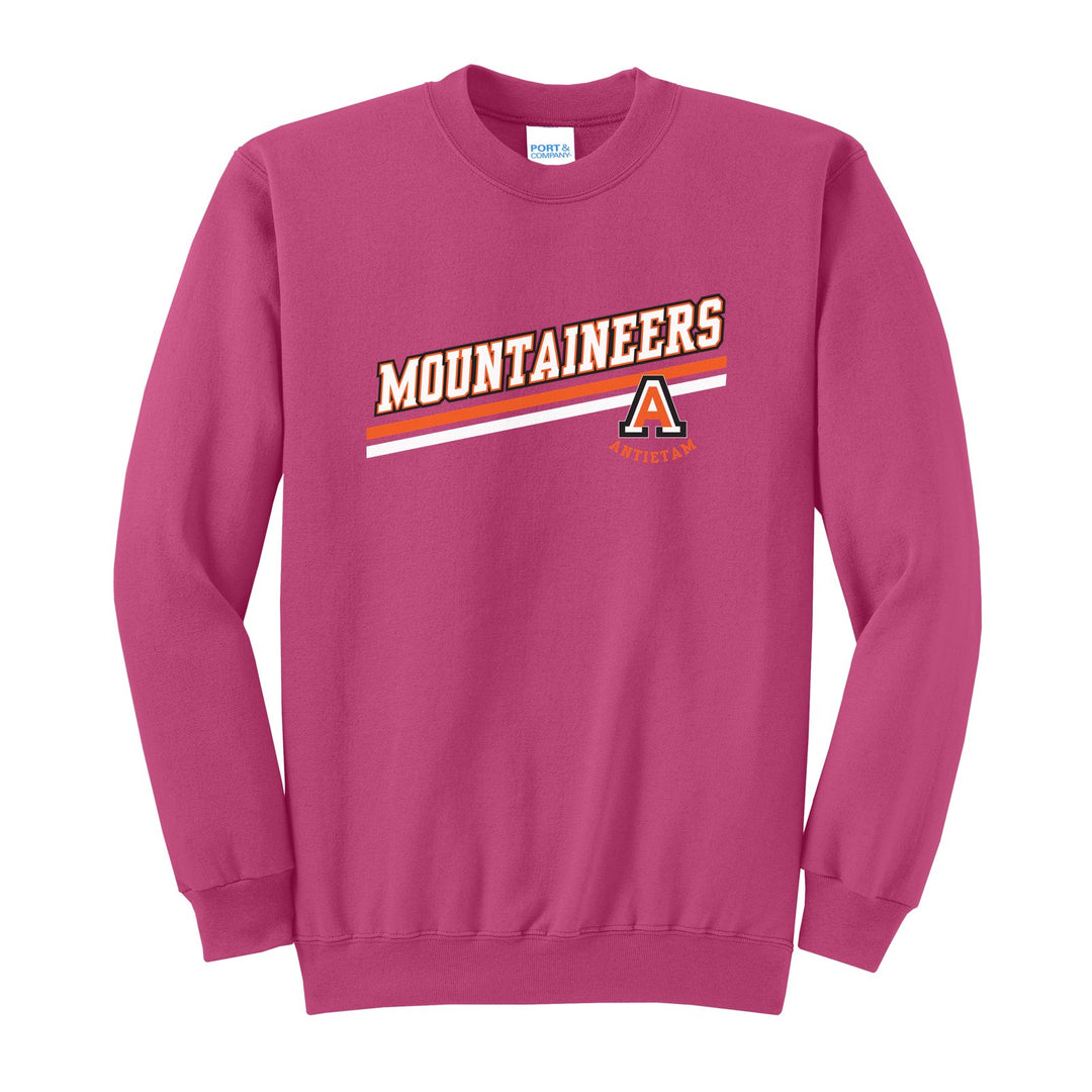 Antietam Mountaineers Slanted Stripe crewneck sweatshirt in Sangria: bold MOUNTAINEERS lettering over a slanted double stripe, with the Antietam A badge