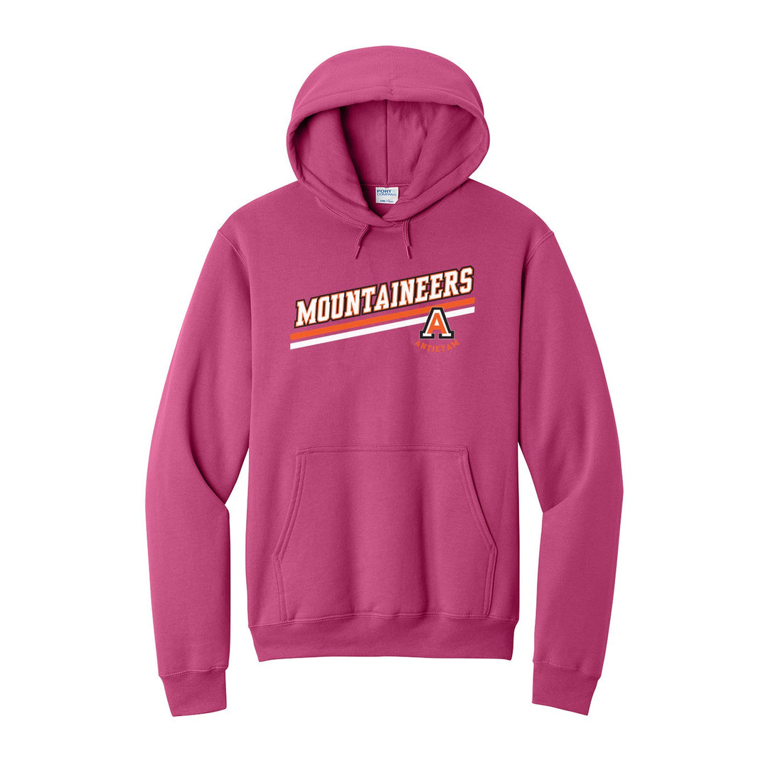 Antietam Mountaineers Slanted Stripe hoodie in Sangria: bold MOUNTAINEERS lettering over a slanted double stripe, with the Antietam A badge