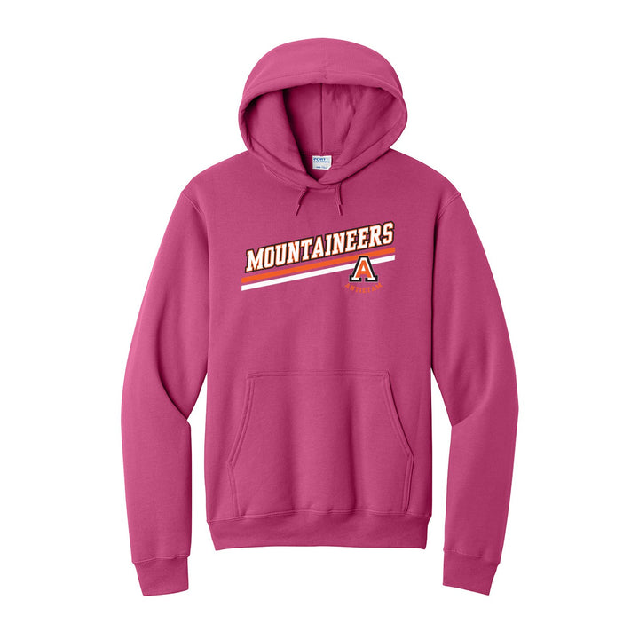 Antietam Mountaineers Slanted Stripe hoodie in Sangria: bold MOUNTAINEERS lettering over a slanted double stripe, with the Antietam A badge
