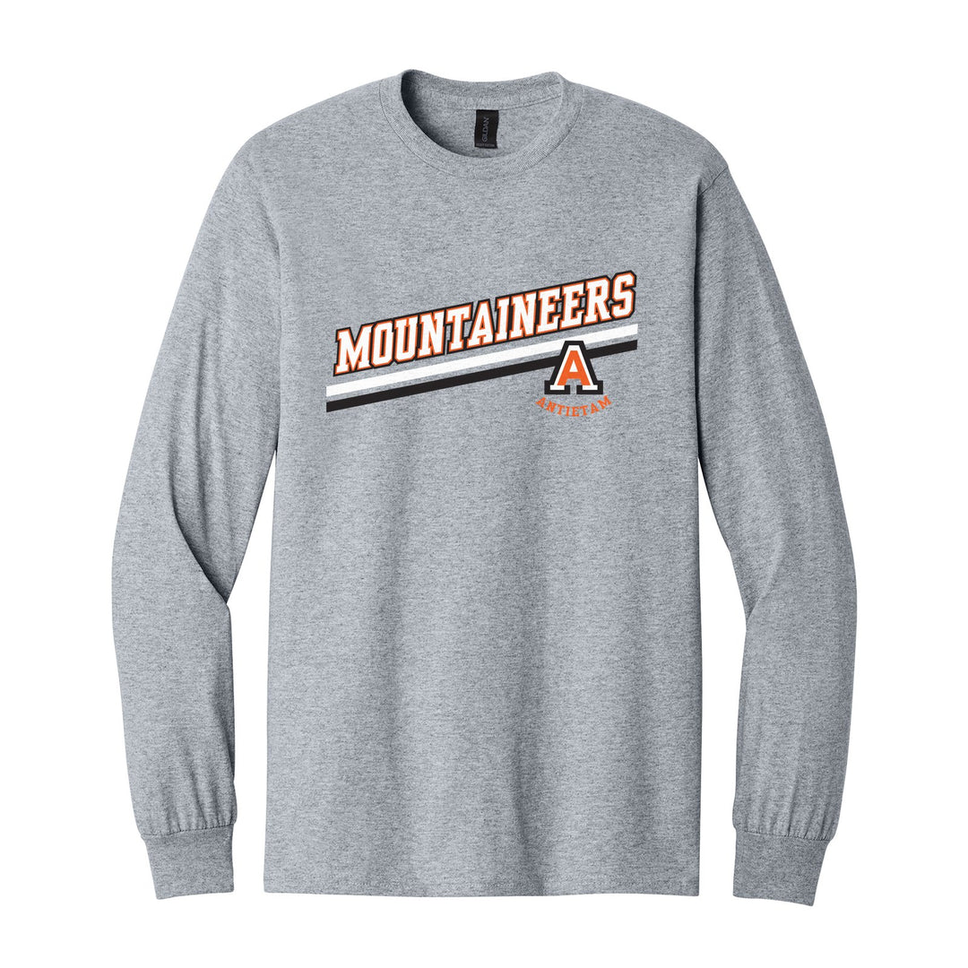 Antietam Mountaineers Slanted Stripe long sleeve t-shirt in Sport Grey: bold MOUNTAINEERS lettering over a slanted double stripe, with the Antietam A badge