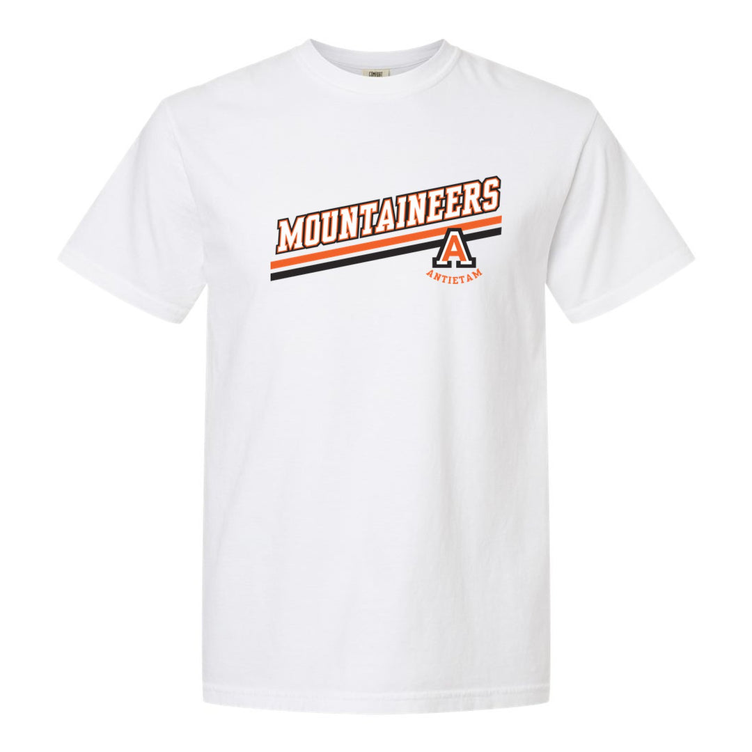 Antietam Mountaineers Slanted Stripe comfort colors t-shirt in White: bold MOUNTAINEERS lettering over a slanted double stripe, with the Antietam A badge