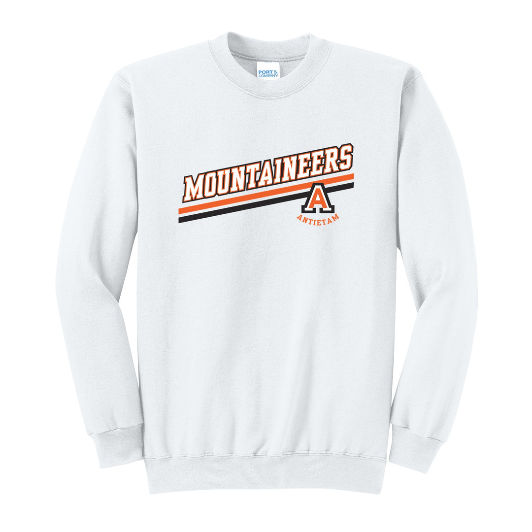 Antietam Mountaineers Slanted Stripe crewneck sweatshirt in White: bold MOUNTAINEERS lettering over a slanted double stripe, with the Antietam A badge