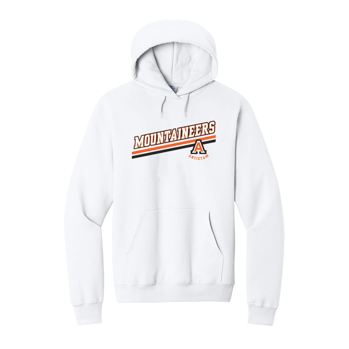 Antietam Mountaineers Slanted Stripe hoodie in White: bold MOUNTAINEERS lettering over a slanted double stripe, with the Antietam A badge