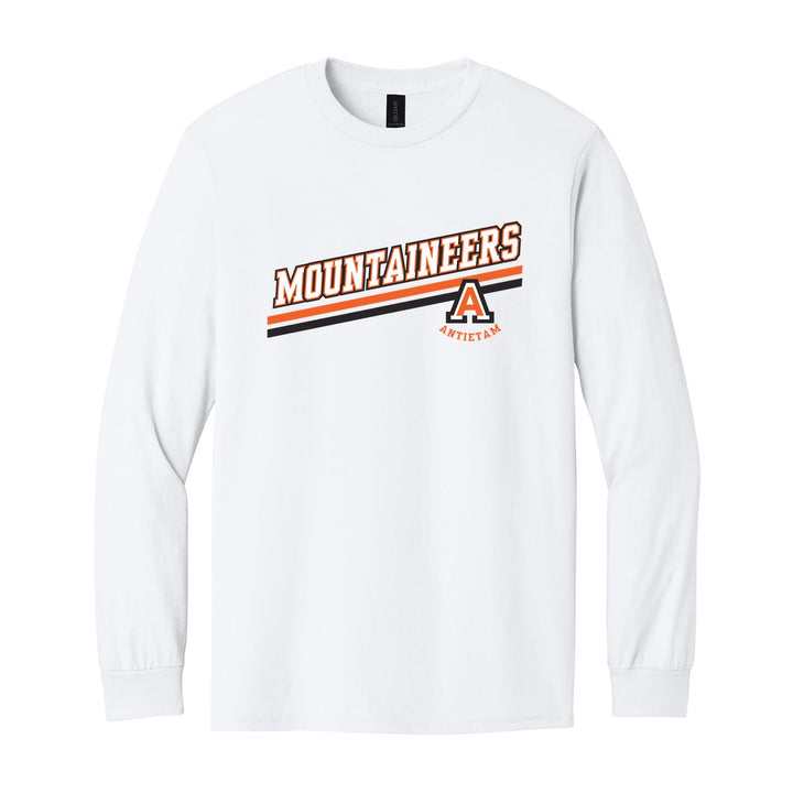 Antietam Mountaineers Slanted Stripe long sleeve t-shirt in White: bold MOUNTAINEERS lettering over a slanted double stripe, with the Antietam A badge