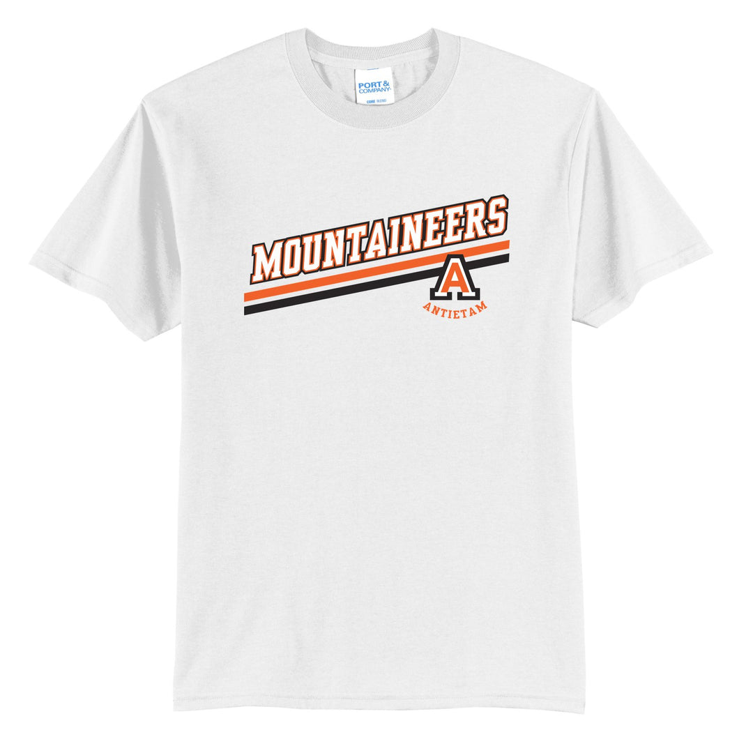 Antietam Mountaineers Slanted Stripe t-shirt in White: bold MOUNTAINEERS lettering over a slanted double stripe, with the Antietam A badge