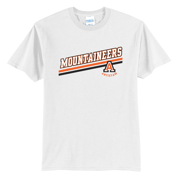 Antietam Mountaineers Slanted Stripe t-shirt in White: bold MOUNTAINEERS lettering over a slanted double stripe, with the Antietam A badge