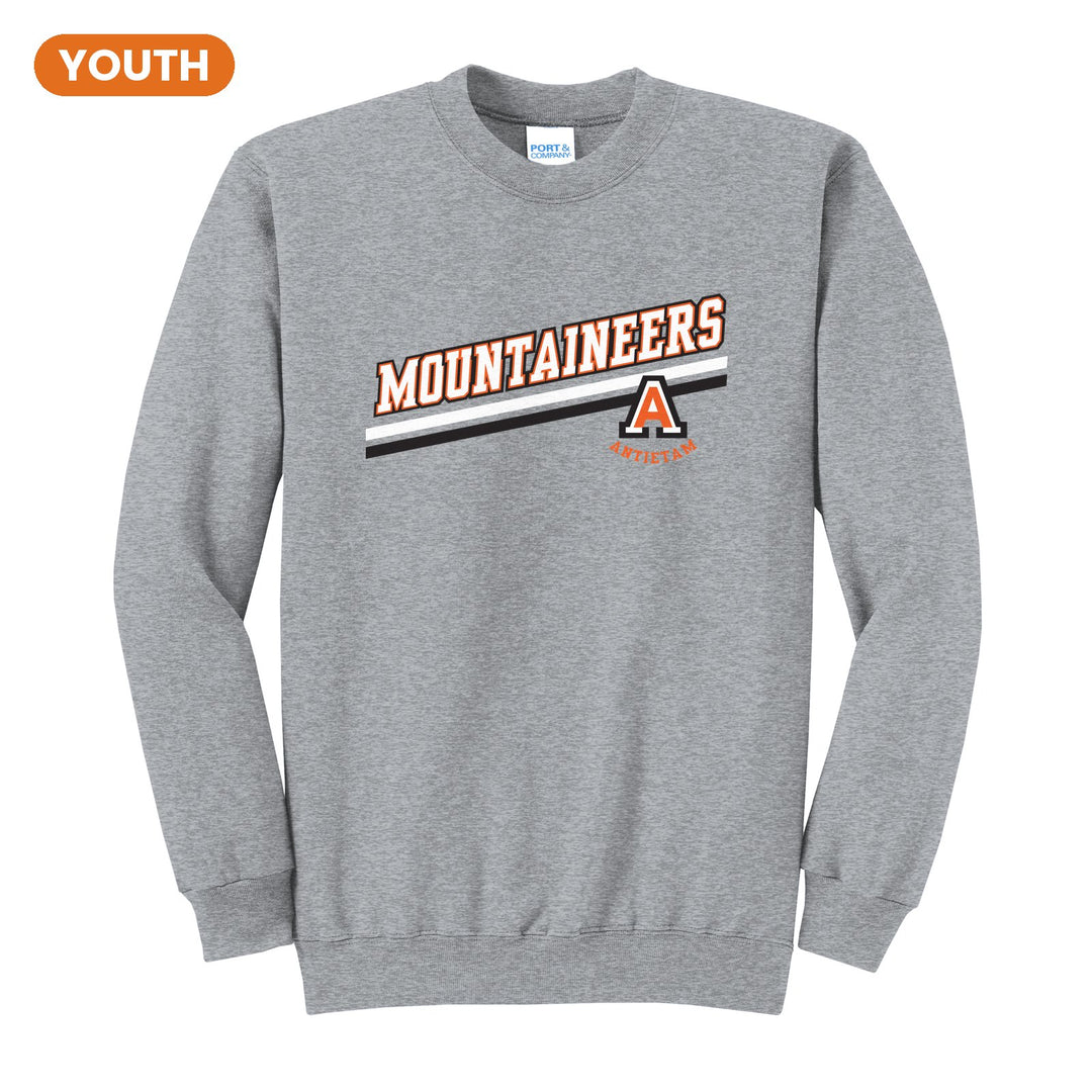 Antietam Mountaineers Slanted Stripe youth crewneck sweatshirt in Athletic Heather: bold MOUNTAINEERS lettering over a slanted double stripe, with the Antietam A badge