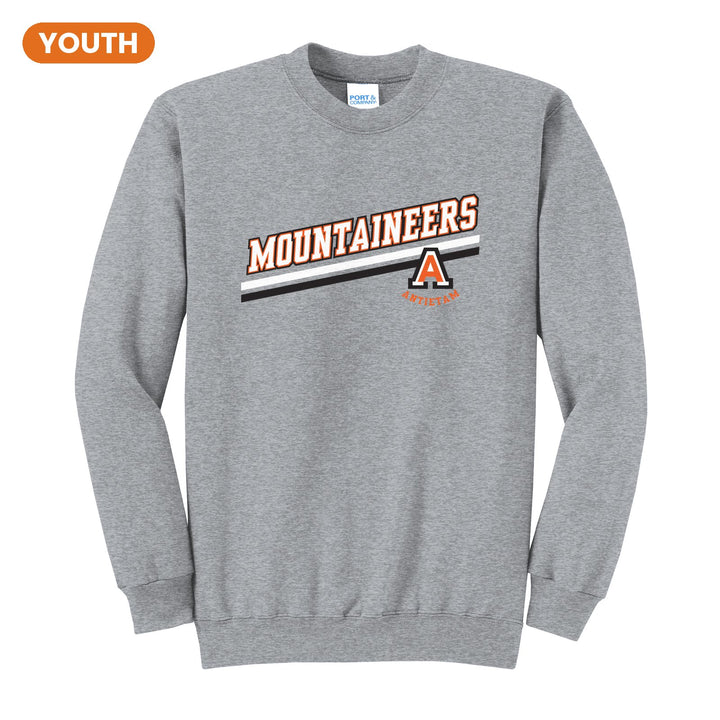 Antietam Mountaineers Slanted Stripe youth crewneck sweatshirt in Athletic Heather: bold MOUNTAINEERS lettering over a slanted double stripe, with the Antietam A badge
