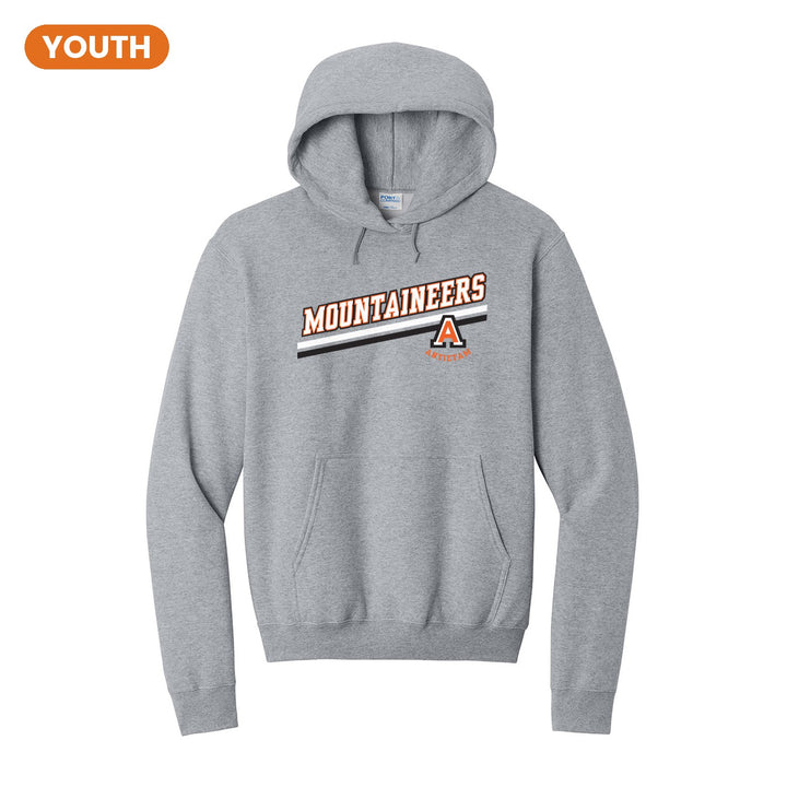 Antietam Mountaineers Slanted Stripe youth hoodie in Athletic Heather: bold MOUNTAINEERS lettering over a slanted double stripe, with the Antietam A badge