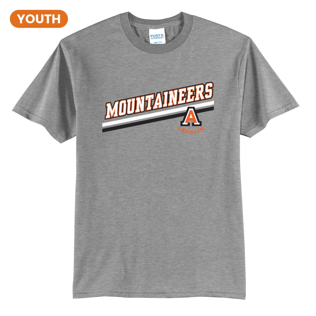Antietam Mountaineers Slanted Stripe youth t-shirt in Athletic Heather: bold MOUNTAINEERS lettering over a slanted double stripe, with the Antietam A badge