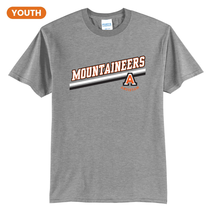 Antietam Mountaineers Slanted Stripe youth t-shirt in Athletic Heather: bold MOUNTAINEERS lettering over a slanted double stripe, with the Antietam A badge