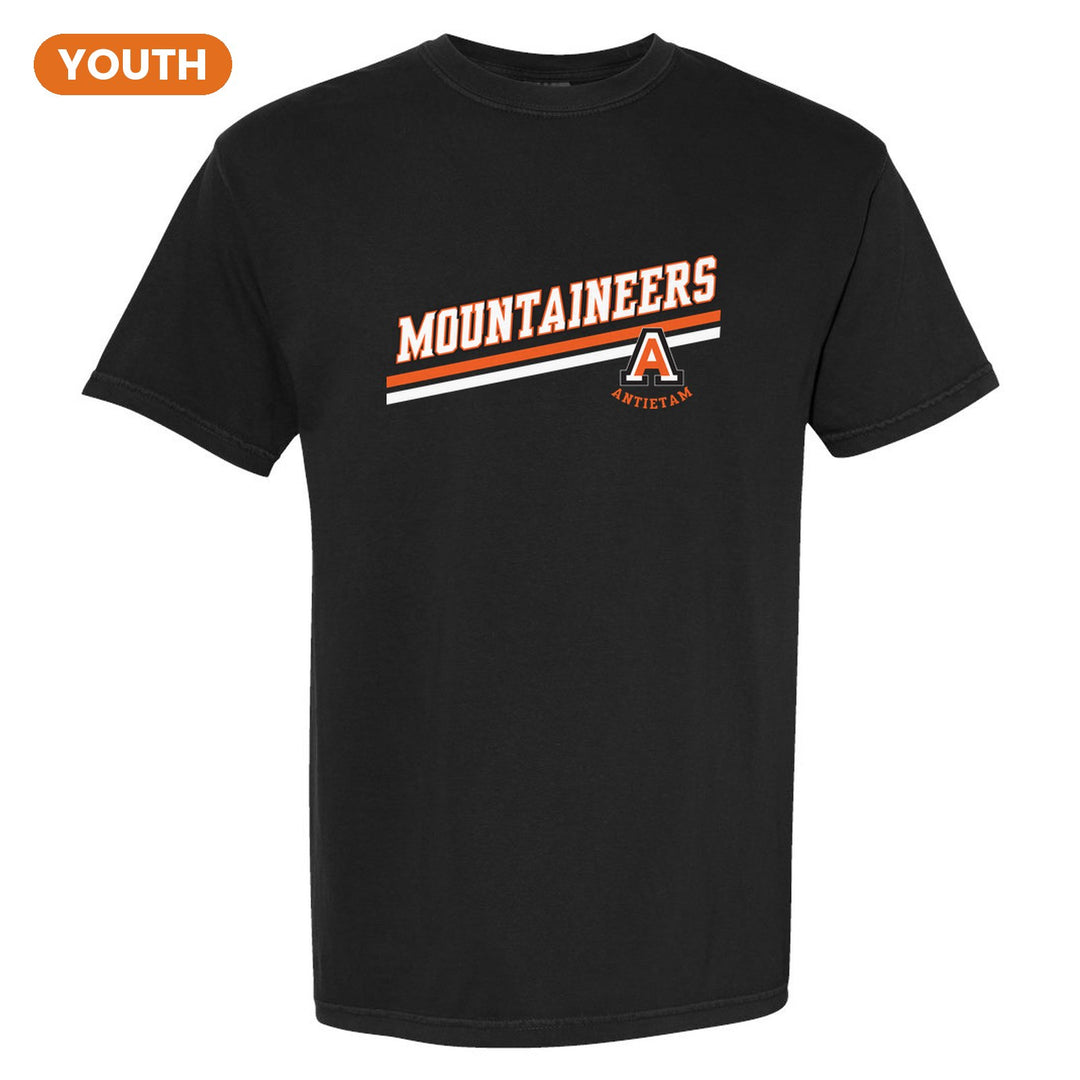 Antietam Mountaineers Slanted Stripe youth comfort colors t-shirt in Black: bold MOUNTAINEERS lettering over a slanted double stripe, with the Antietam A badge