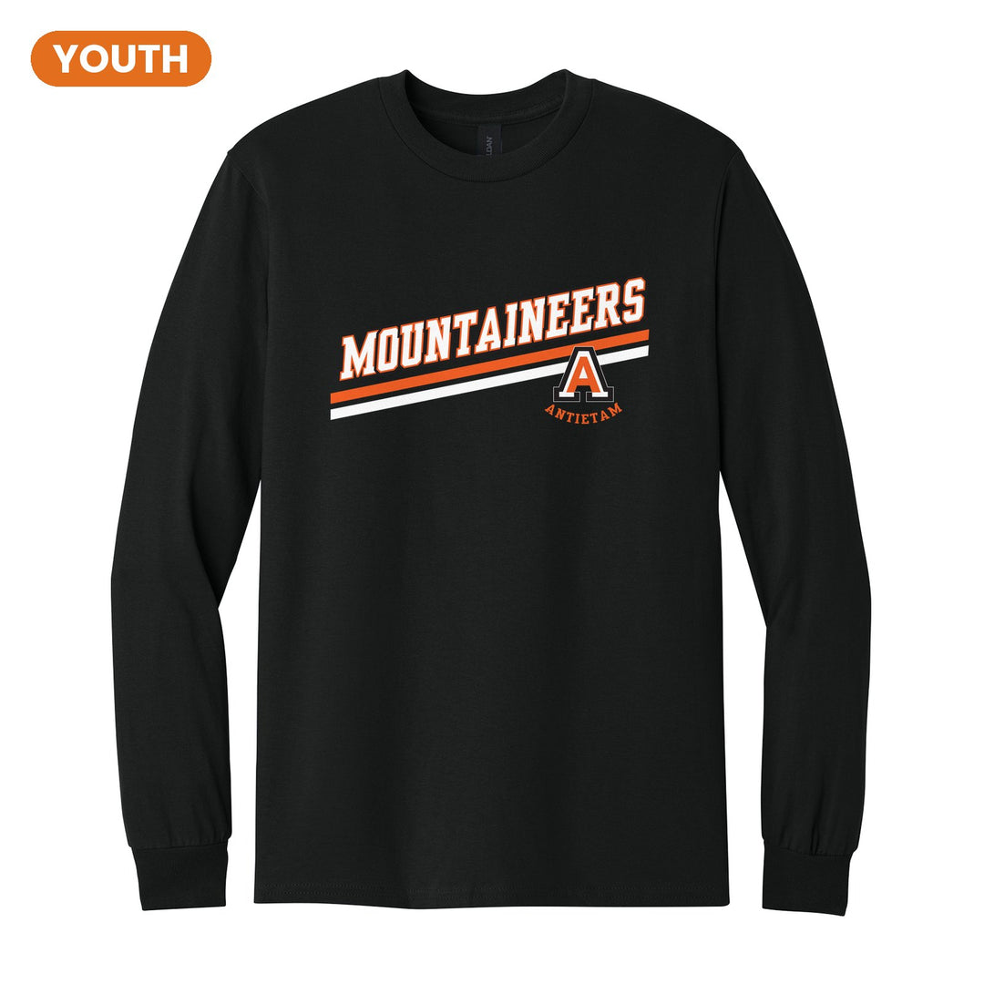 Antietam Mountaineers Slanted Stripe youth long sleeve t-shirt in Black: bold MOUNTAINEERS lettering over a slanted double stripe, with the Antietam A badge
