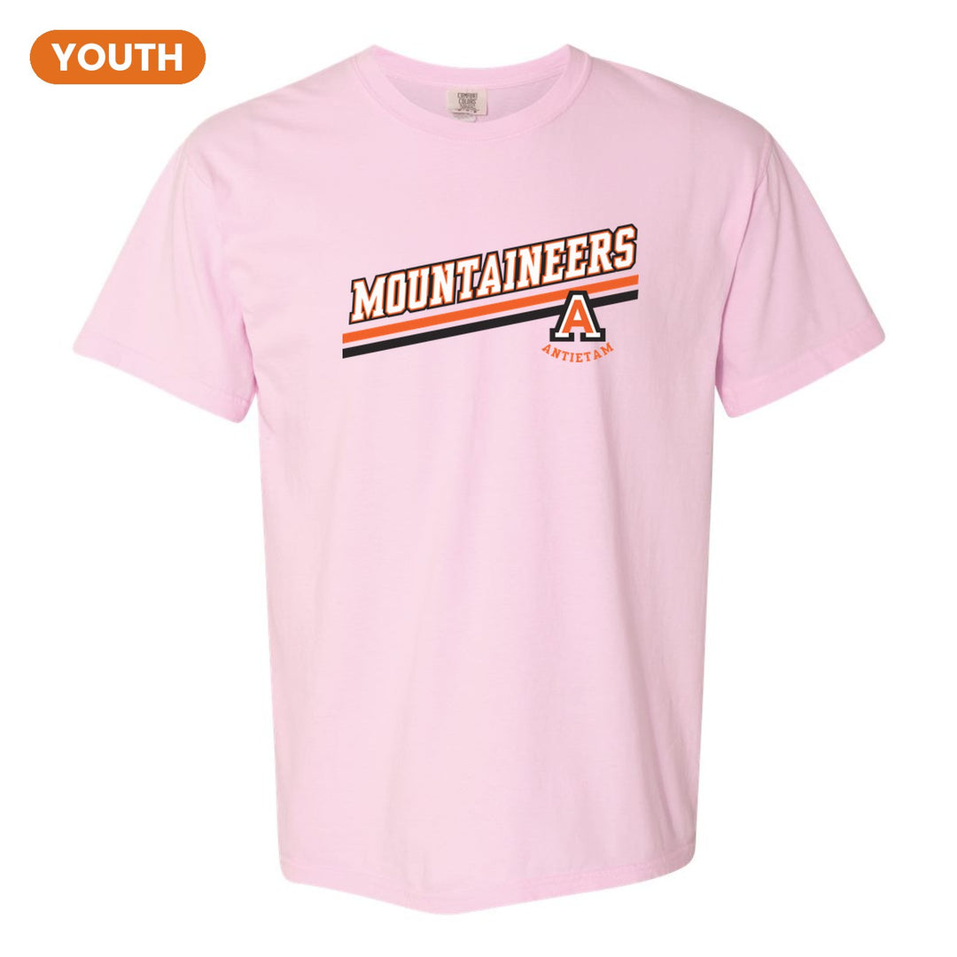 Antietam Mountaineers Slanted Stripe youth comfort colors t-shirt in Blossom: bold MOUNTAINEERS lettering over a slanted double stripe, with the Antietam A badge