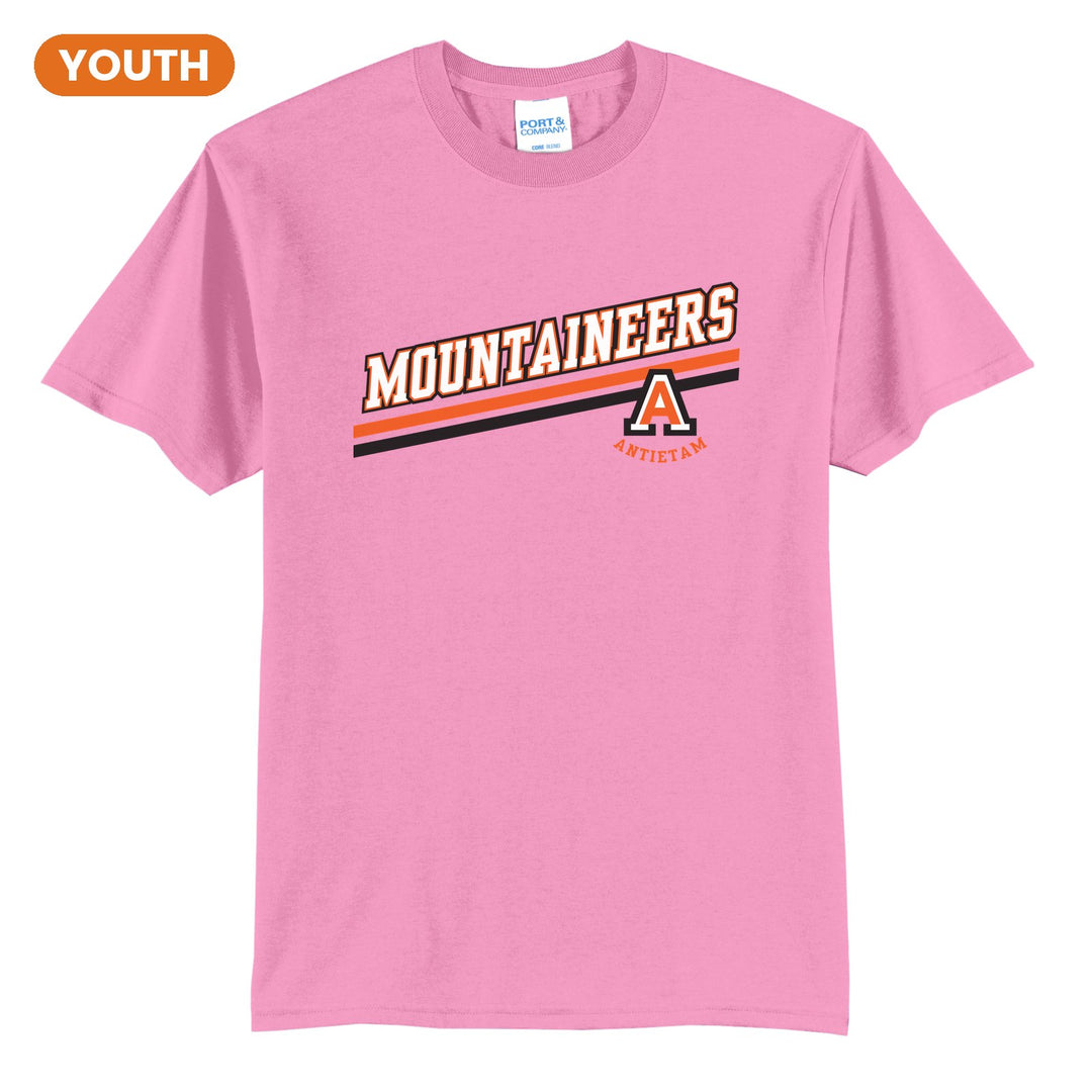 Antietam Mountaineers Slanted Stripe youth t-shirt in Candy Pink: bold MOUNTAINEERS lettering over a slanted double stripe, with the Antietam A badge