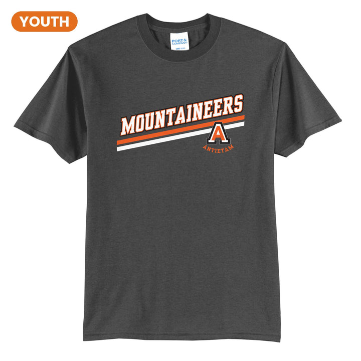 Antietam Mountaineers Slanted Stripe youth t-shirt in Charcoal: bold MOUNTAINEERS lettering over a slanted double stripe, with the Antietam A badge