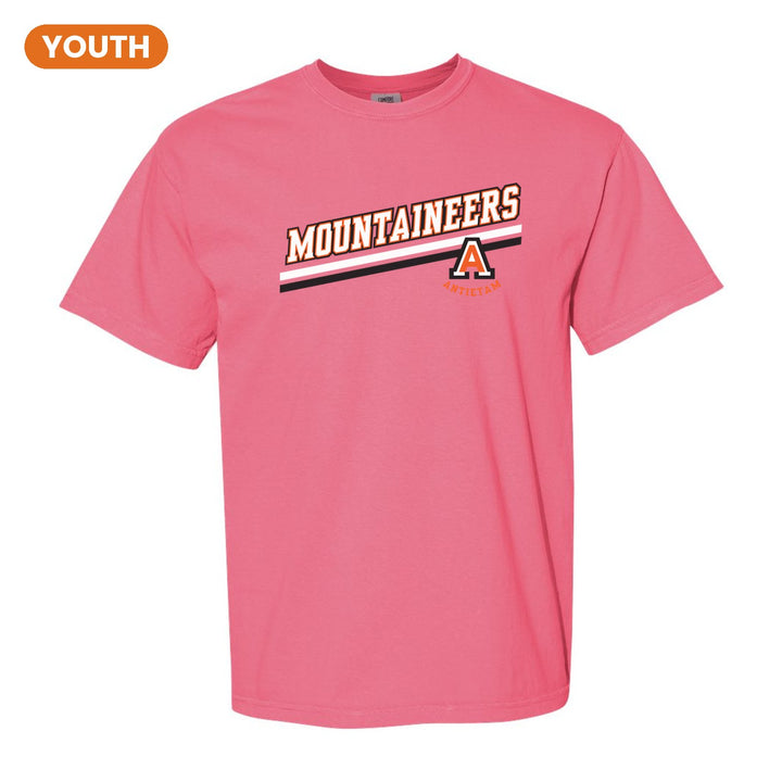 Antietam Mountaineers Slanted Stripe youth comfort colors t-shirt in Crunchberry: bold MOUNTAINEERS lettering over a slanted double stripe, with the Antietam A badge