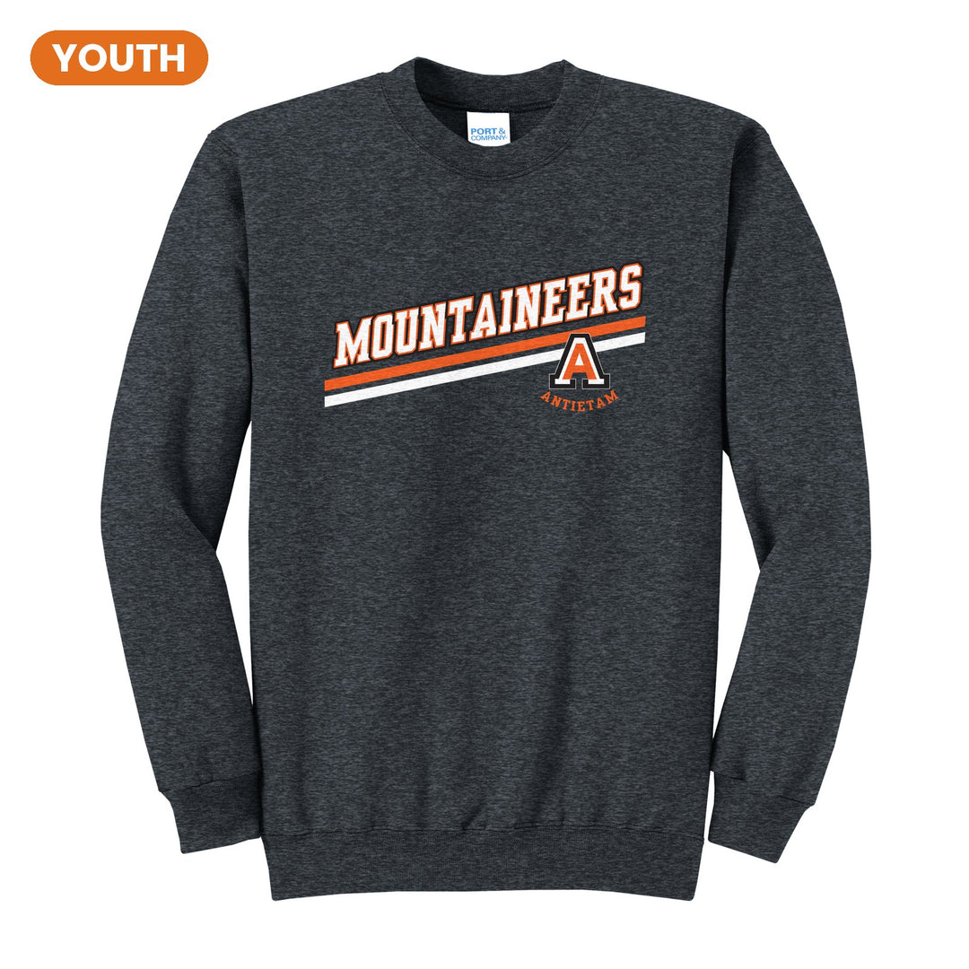 Antietam Mountaineers Slanted Stripe youth crewneck sweatshirt in Dark Heather Grey: bold MOUNTAINEERS lettering over a slanted double stripe, with the Antietam A badge