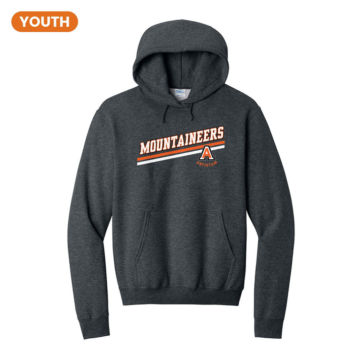 Antietam Mountaineers Slanted Stripe youth hoodie in Dark Heather Grey: bold MOUNTAINEERS lettering over a slanted double stripe, with the Antietam A badge