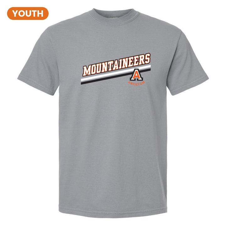 Antietam Mountaineers Slanted Stripe youth comfort colors t-shirt in Granite: bold MOUNTAINEERS lettering over a slanted double stripe, with the Antietam A badge