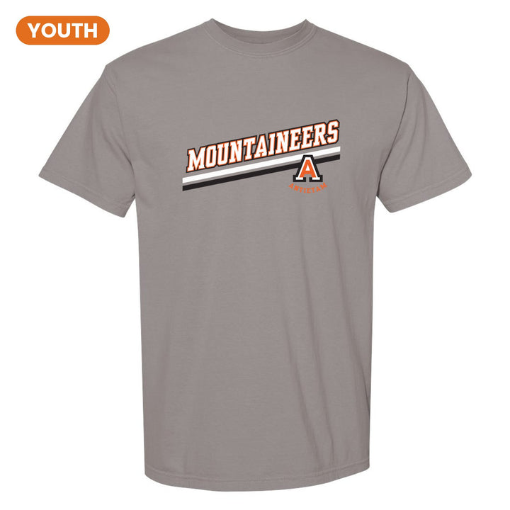 Antietam Mountaineers Slanted Stripe youth comfort colors t-shirt in Grey: bold MOUNTAINEERS lettering over a slanted double stripe, with the Antietam A badge