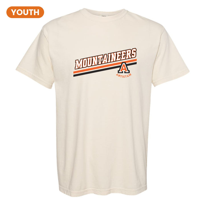 Antietam Mountaineers Slanted Stripe youth comfort colors t-shirt in Ivory: bold MOUNTAINEERS lettering over a slanted double stripe, with the Antietam A badge