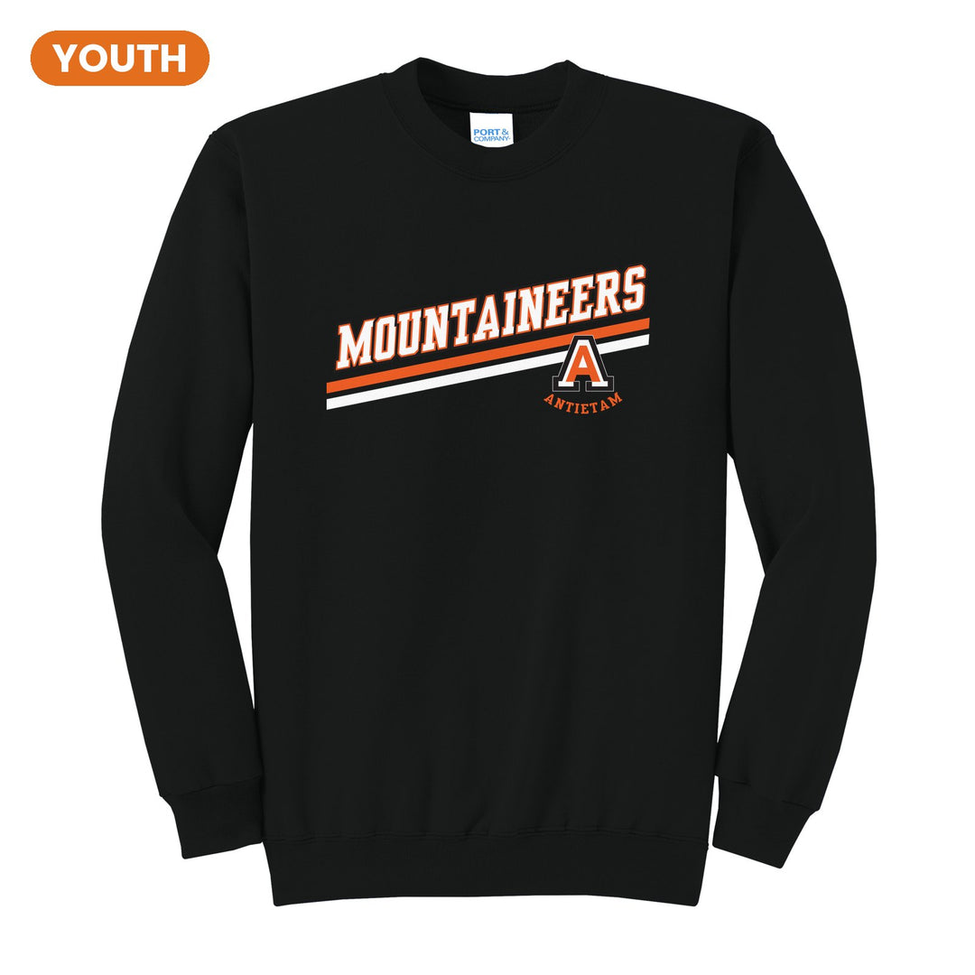 Antietam Mountaineers Slanted Stripe youth crewneck sweatshirt in Jet Black: bold MOUNTAINEERS lettering over a slanted double stripe, with the Antietam A badge