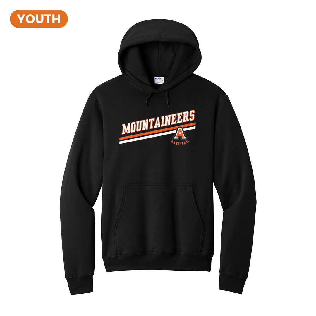 Antietam Mountaineers Slanted Stripe youth hoodie in Jet Black: bold MOUNTAINEERS lettering over a slanted double stripe, with the Antietam A badge