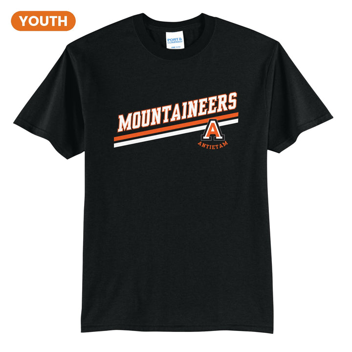 Antietam Mountaineers Slanted Stripe youth t-shirt in Jet Black: bold MOUNTAINEERS lettering over a slanted double stripe, with the Antietam A badge